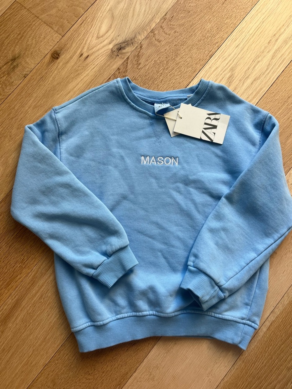 Zara Sky Blue 'MASON' Embroidered Crewneck Sweatshirt